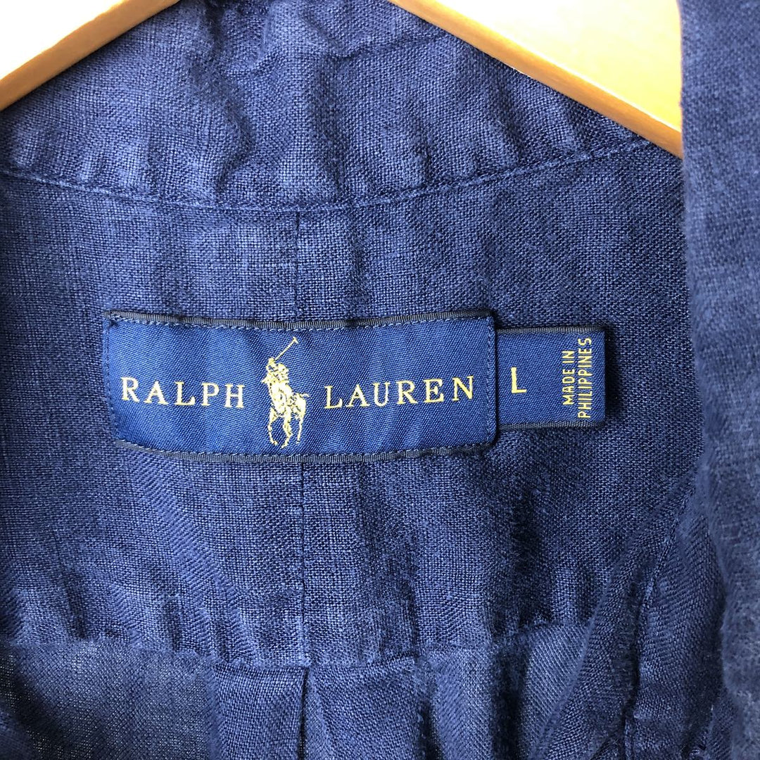 Ralph Lauren short sleeve linen button down shirt, men's size L linen navy blue type Vintage Second Hand
