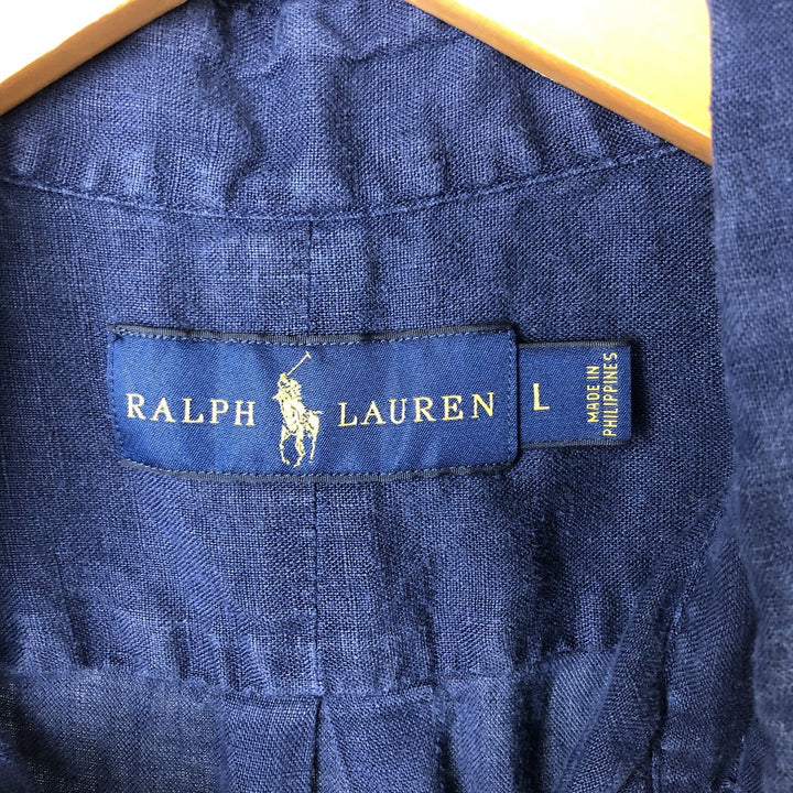 Ralph Lauren short sleeve linen button down shirt, men's size L linen navy blue type Vintage Second Hand