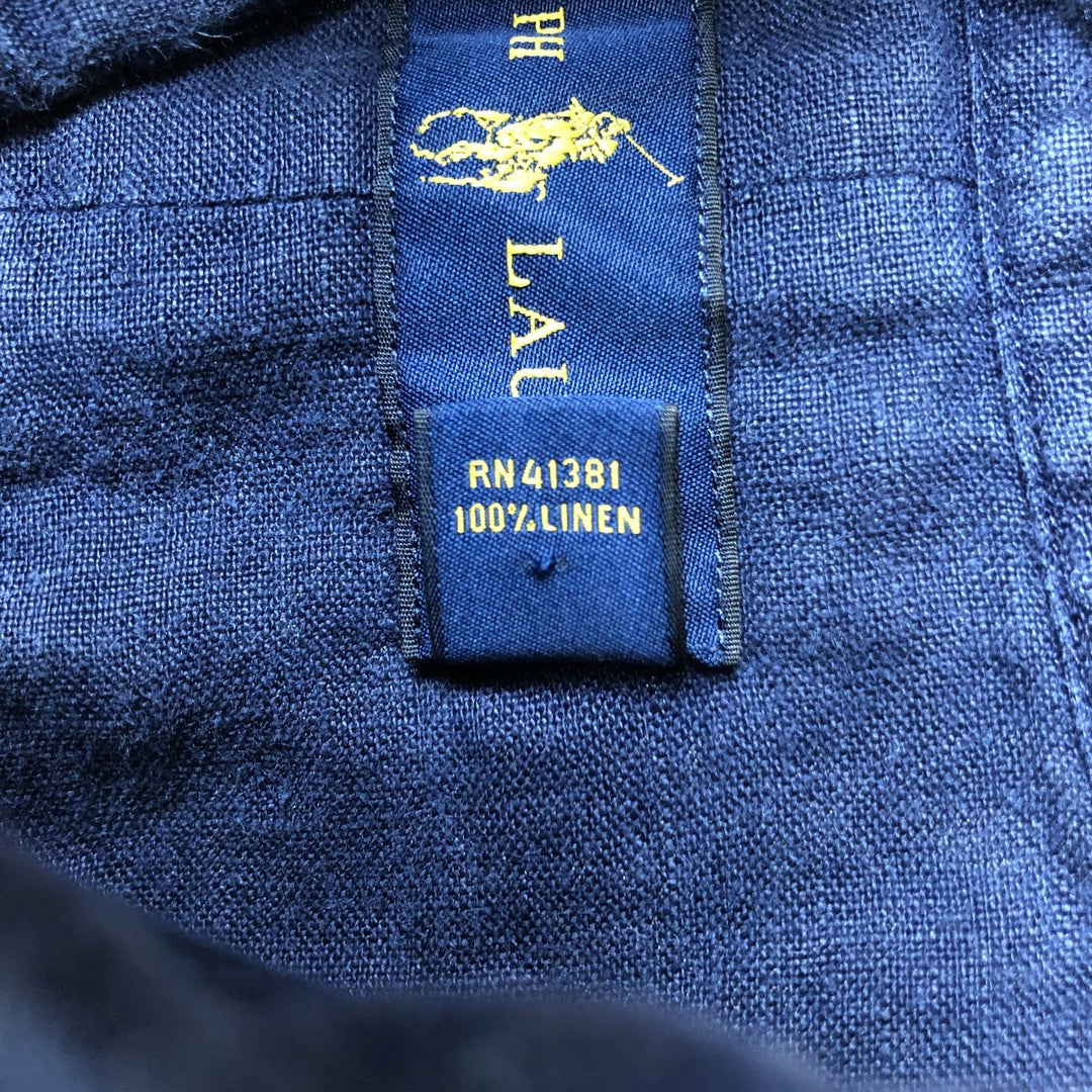 Ralph Lauren short sleeve linen button down shirt, men's size L linen navy blue type Vintage Second Hand