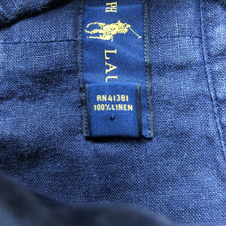 Ralph Lauren short sleeve linen button down shirt, men's size L linen navy blue type Vintage Second Hand