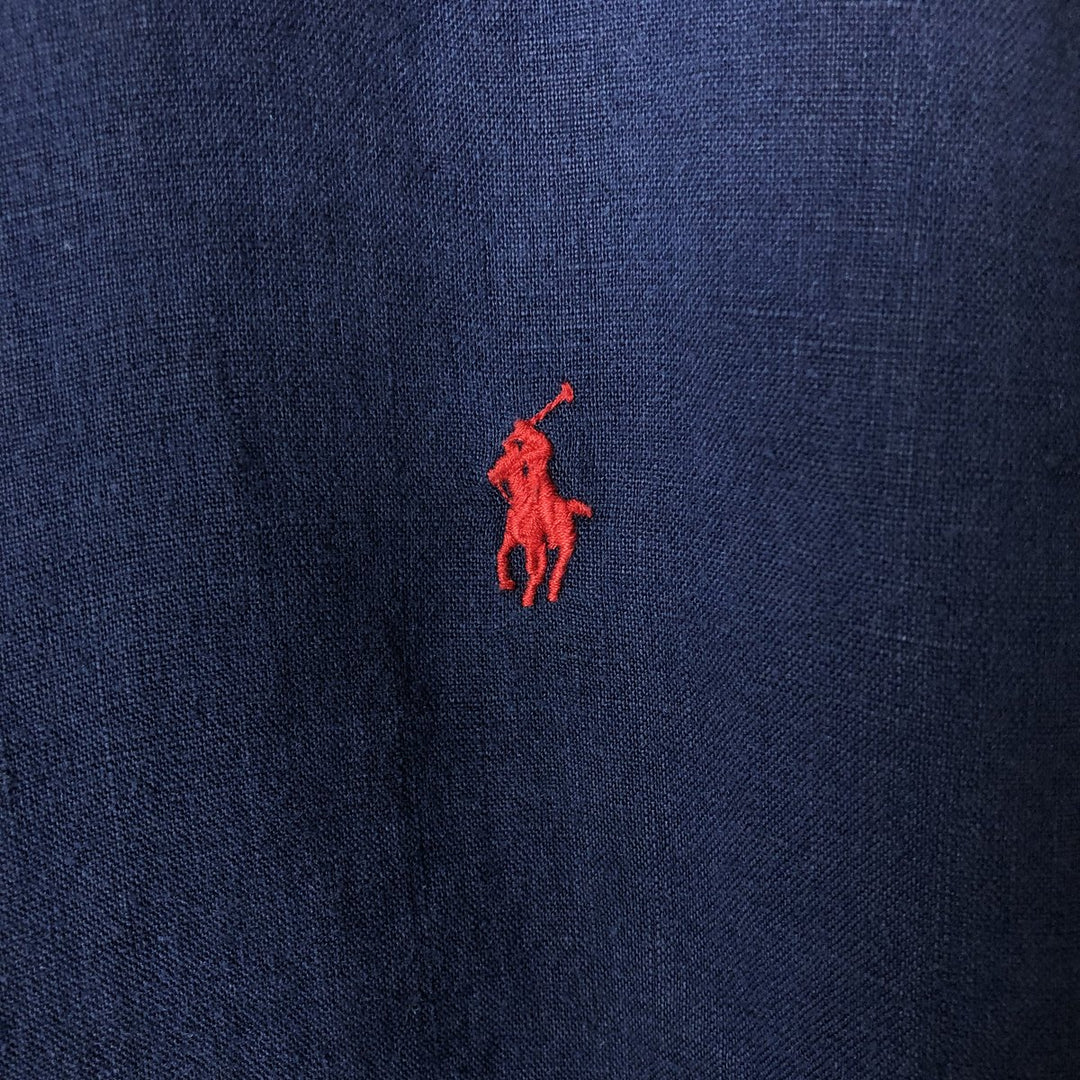 Ralph Lauren short sleeve linen button down shirt, men's size L linen navy blue type Vintage Second Hand