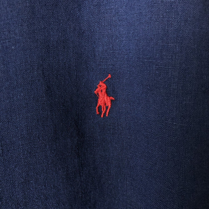 Ralph Lauren short sleeve linen button down shirt, men's size L linen navy blue type Vintage Second Hand