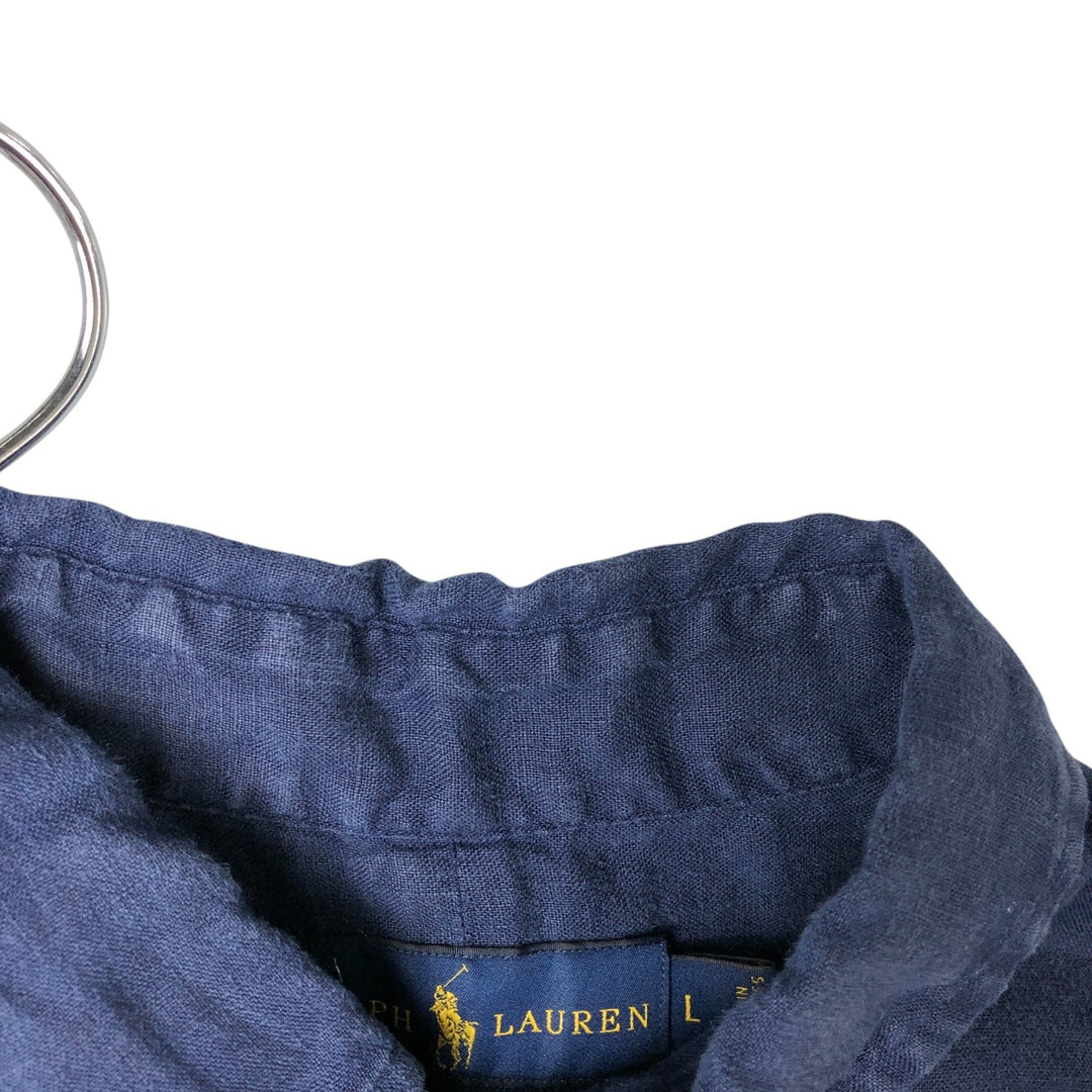 Ralph Lauren short sleeve linen button down shirt, men's size L linen navy blue type Vintage Second Hand