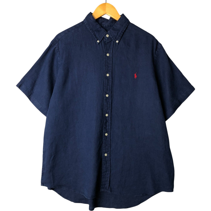 Ralph Lauren short sleeve linen button down shirt, men's size XL linen navy blue type Vintage Second Hand