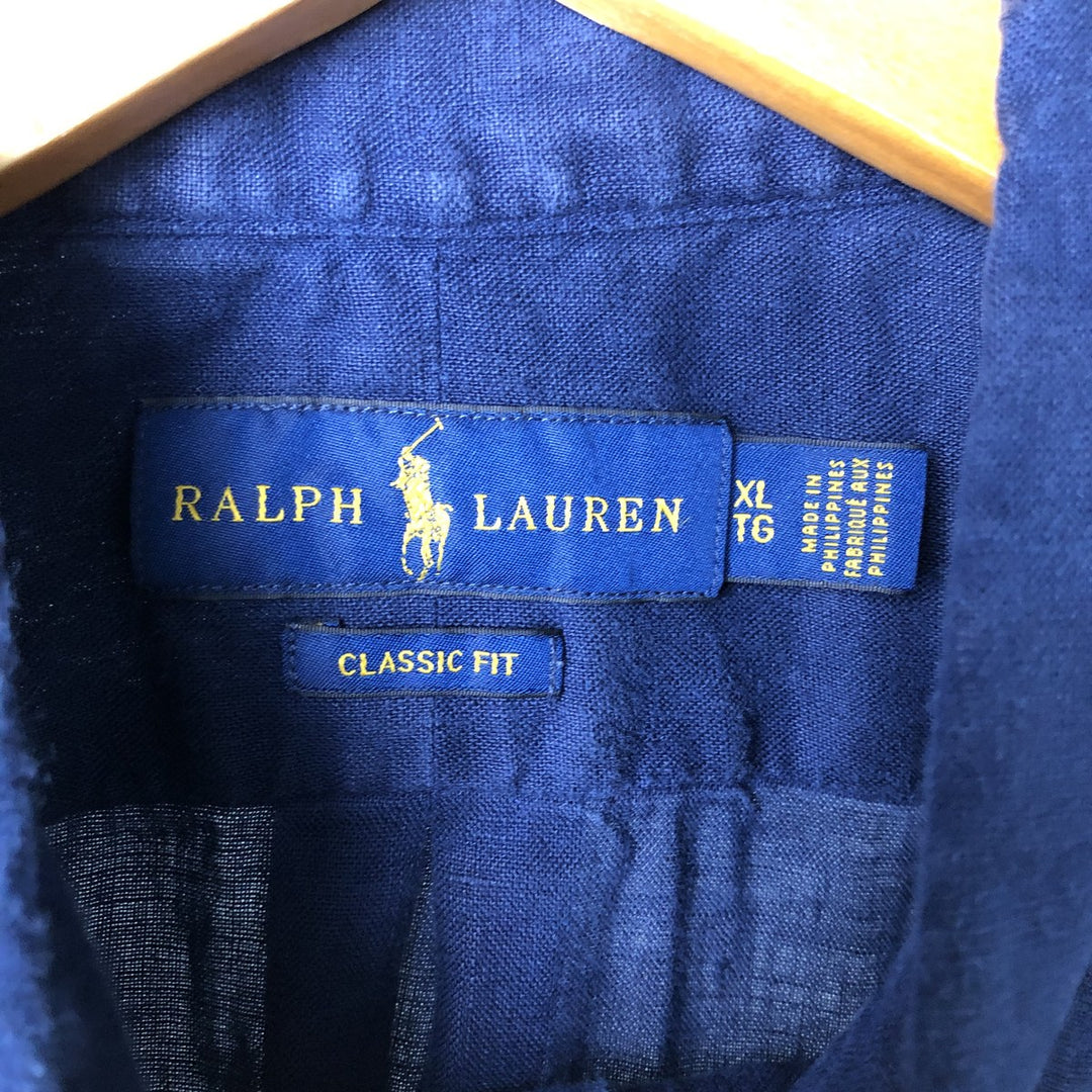 Ralph Lauren short sleeve linen button down shirt, men's size XL linen navy blue type Vintage Second Hand