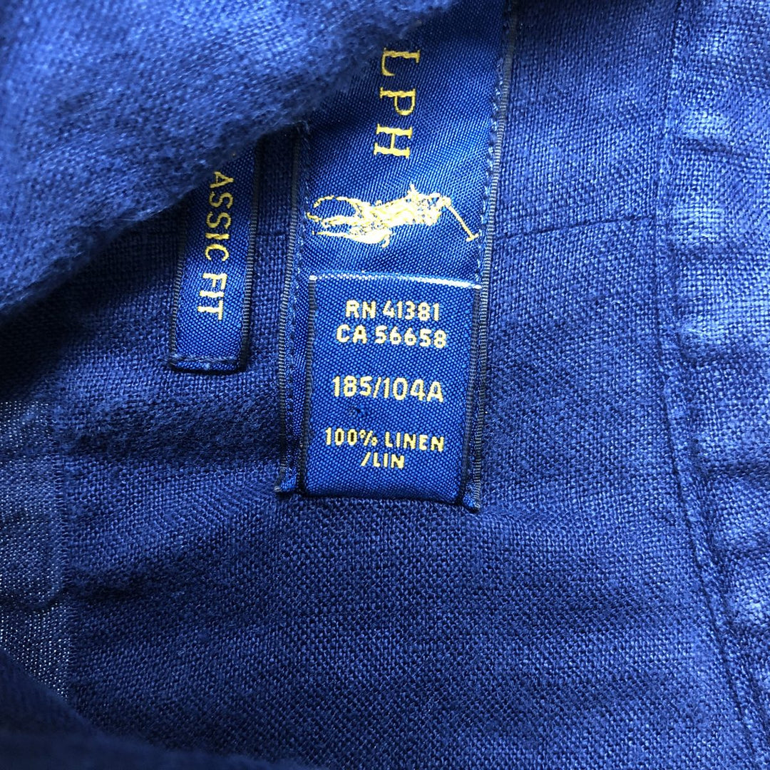 Ralph Lauren short sleeve linen button down shirt, men's size XL linen navy blue type Vintage Second Hand