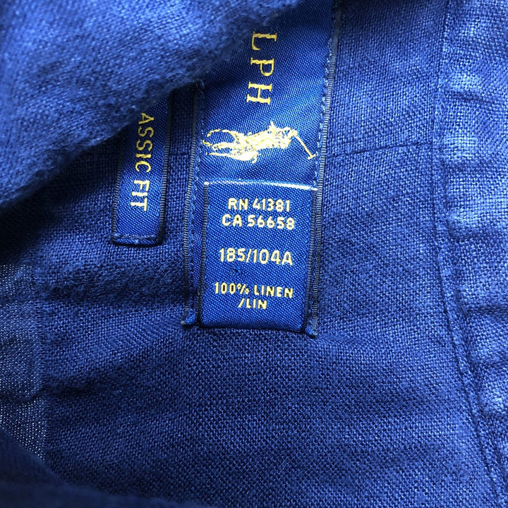Ralph Lauren short sleeve linen button down shirt, men's size XL linen navy blue type Vintage Second Hand