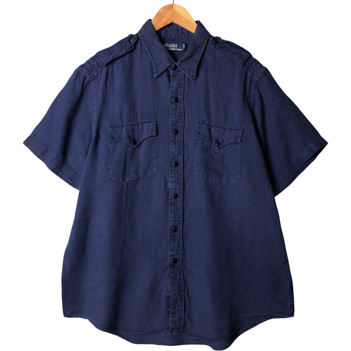 Ralph Lauren POLO by Ralph Lauren short-sleeved safari shirt, men's size XL linen navy blue type Vintage Second Hand
