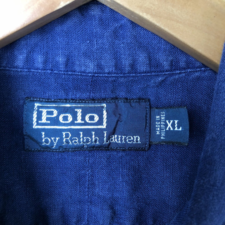 Ralph Lauren POLO by Ralph Lauren short-sleeved safari shirt, men's size XL linen navy blue type Vintage Second Hand