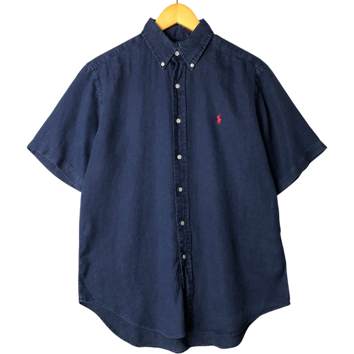 Ralph Lauren Classic Fit short sleeve linen button down shirt, men's size M linen navy blue type Vintage Second Hand