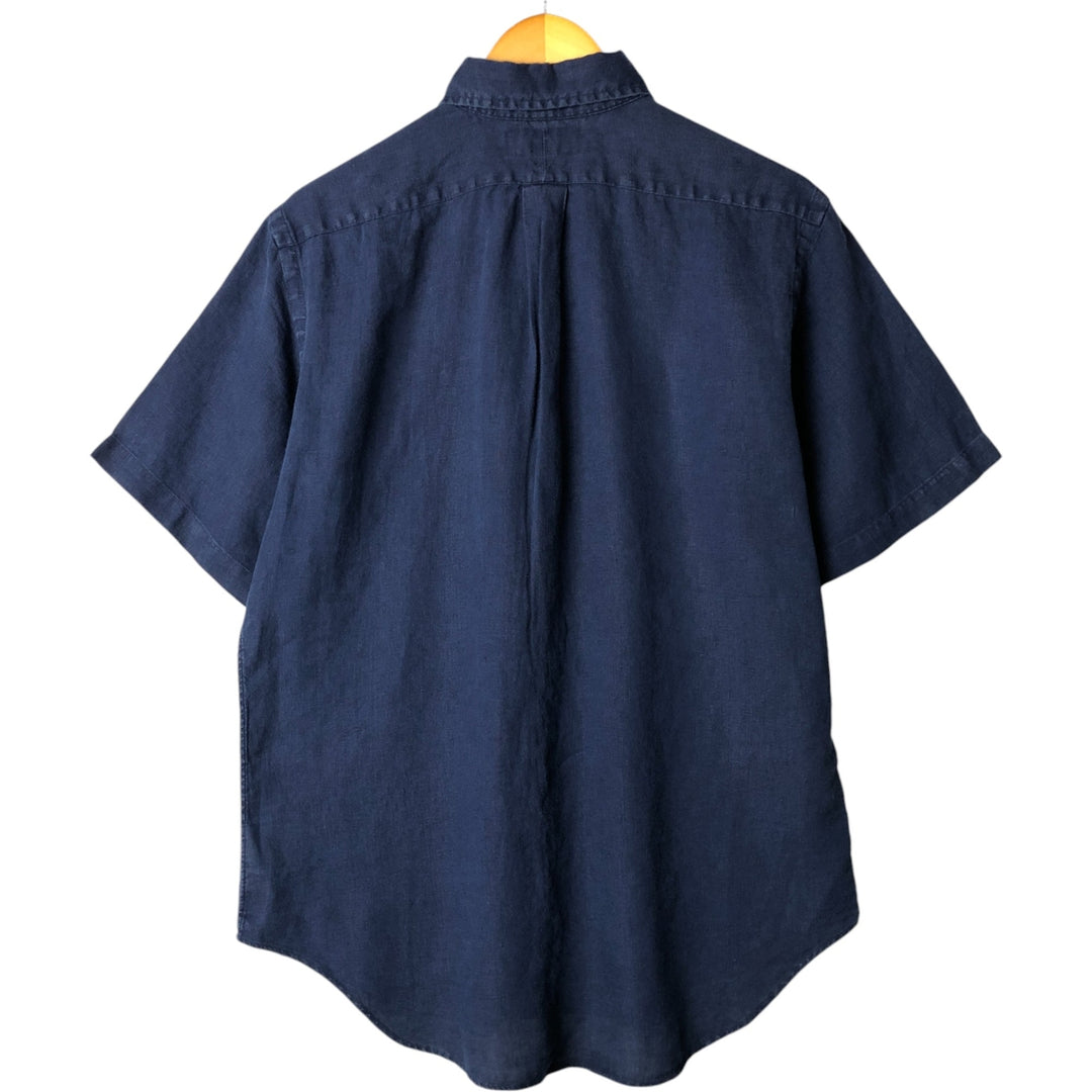 Ralph Lauren Classic Fit short sleeve linen button down shirt, men's size M linen navy blue type Vintage Second Hand