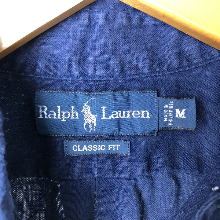 Ralph Lauren Classic Fit short sleeve linen button down shirt, men's size M linen navy blue type Vintage Second Hand