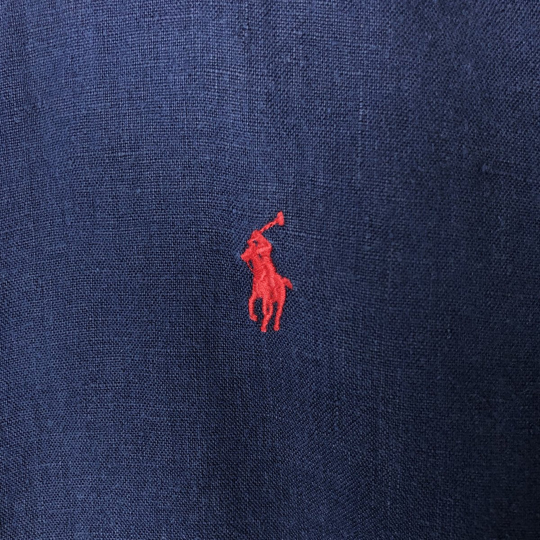 Ralph Lauren Classic Fit short sleeve linen button down shirt, men's size M linen navy blue type Vintage Second Hand