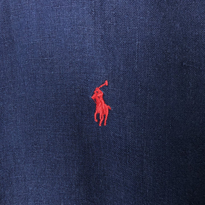 Ralph Lauren Classic Fit short sleeve linen button down shirt, men's size M linen navy blue type Vintage Second Hand