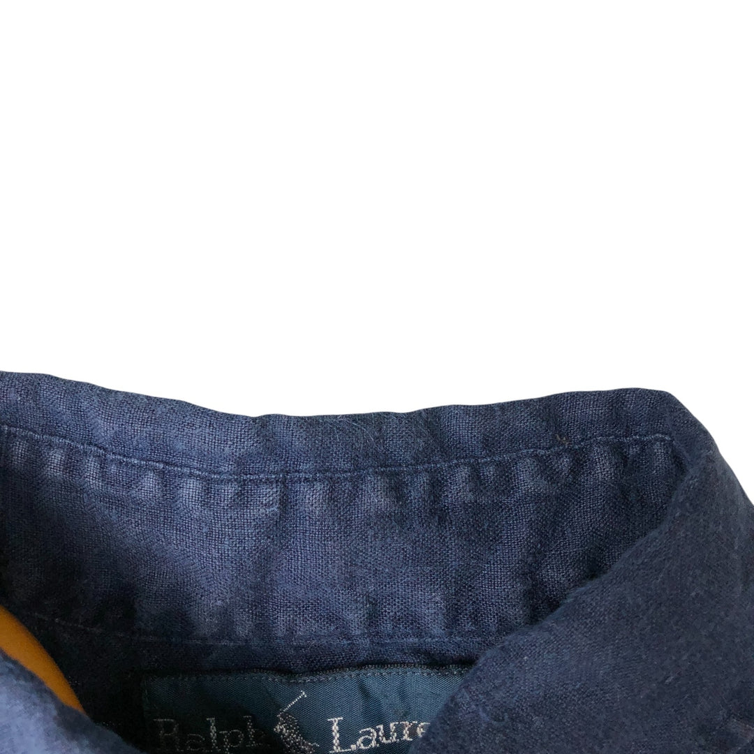 Ralph Lauren Classic Fit short sleeve linen button down shirt, men's size M linen navy blue type Vintage Second Hand