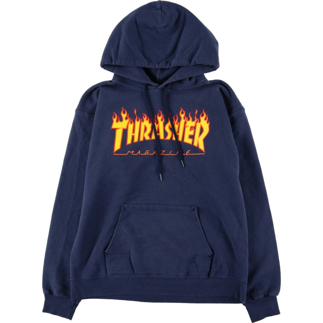 Thrasher Fire Pattern Pullover Hoodie, Men's Size Small cotton navy blue type Vintage Second Hand