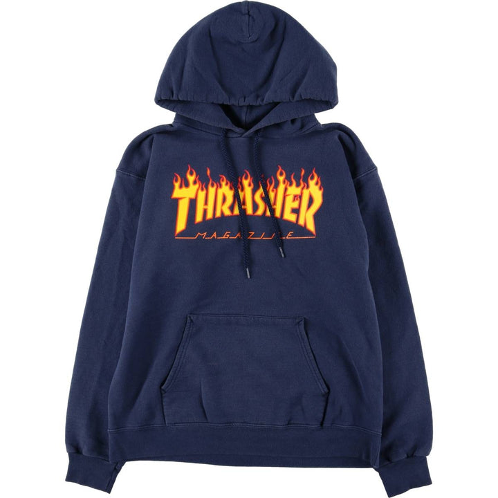 Thrasher Fire Pattern Pullover Hoodie, Men's Size Small cotton navy blue type Vintage Second Hand