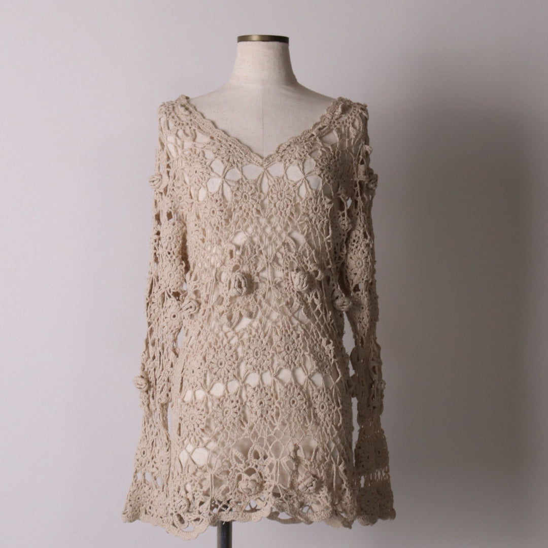 V-neck crochet long-sleeved summer knit sweater, women's size M unclear ivory Vintage Second Hand