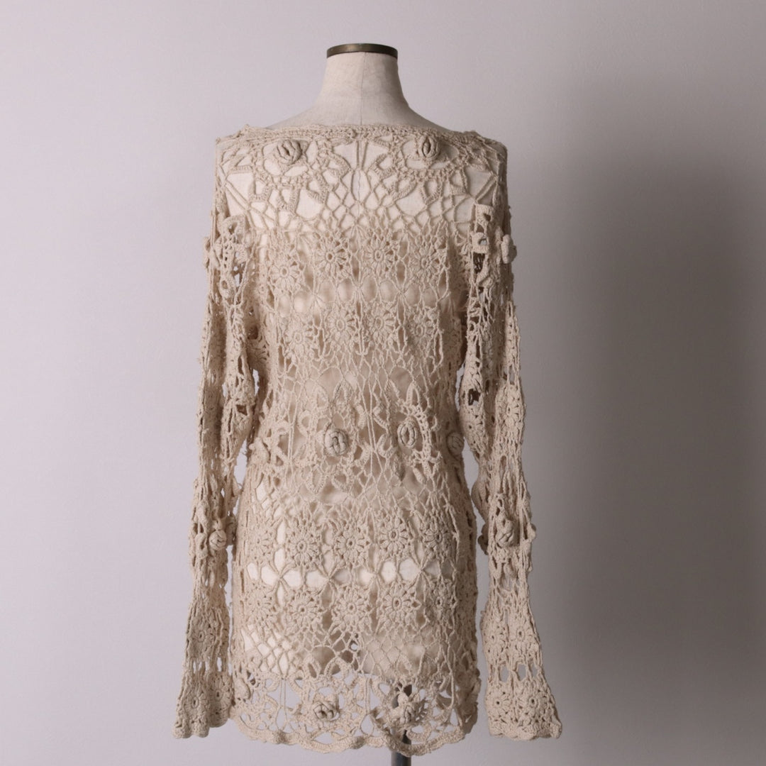V-neck crochet long-sleeved summer knit sweater, women's size M unclear ivory Vintage Second Hand