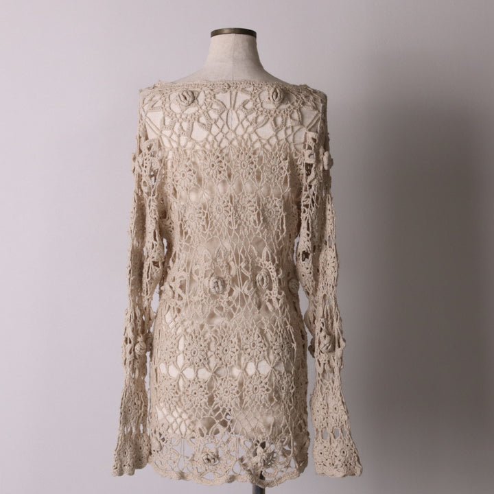 V-neck crochet long-sleeved summer knit sweater, women's size M unclear ivory Vintage Second Hand