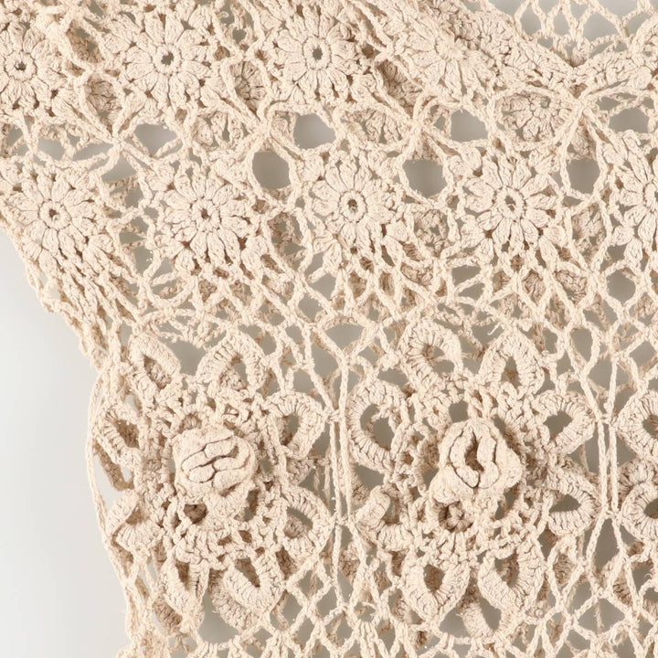 V-neck crochet long-sleeved summer knit sweater, women's size M unclear ivory Vintage Second Hand
