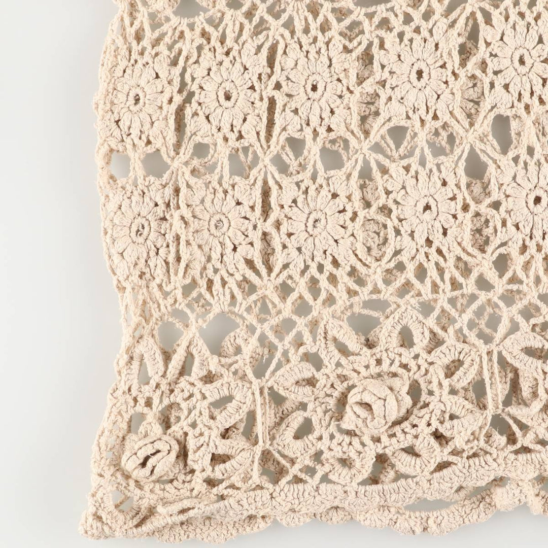 V-neck crochet long-sleeved summer knit sweater, women's size M unclear ivory Vintage Second Hand