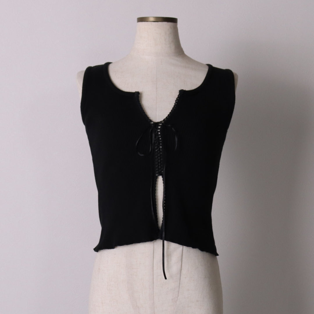 DELEK HEART Open-Front Cropped Tank Top, Women's Size M cotton black type Vintage Second Hand