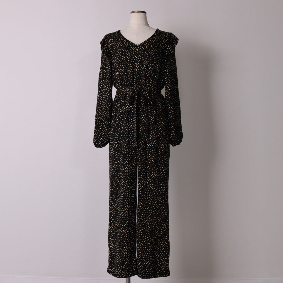 DOWNEAST All-Over Print Ruffle V-Neck Long Sleeve Jumpsuit, Women's Size XS unclear black type Vintage Second Hand