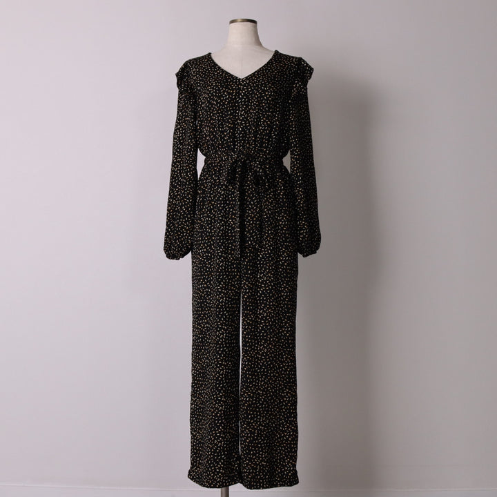 DOWNEAST All-Over Print Ruffle V-Neck Long Sleeve Jumpsuit, Women's Size XS unclear black type Vintage Second Hand