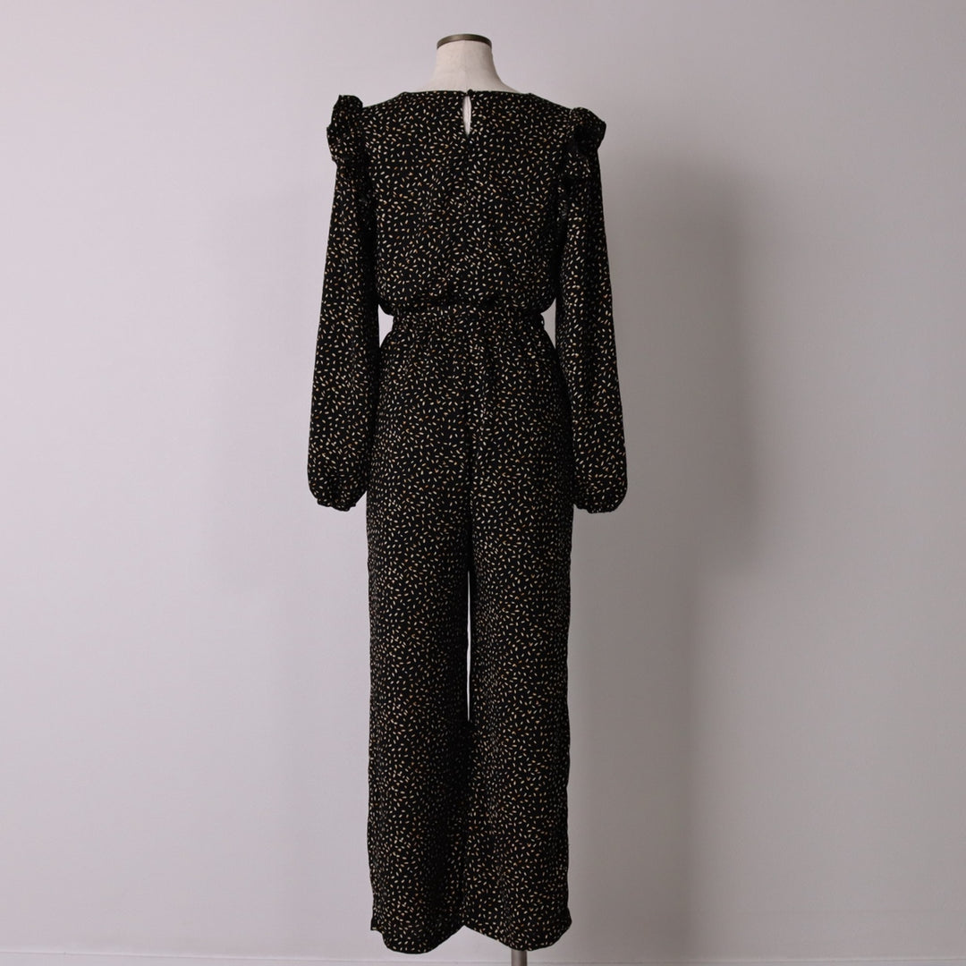 DOWNEAST All-Over Print Ruffle V-Neck Long Sleeve Jumpsuit, Women's Size XS unclear black type Vintage Second Hand