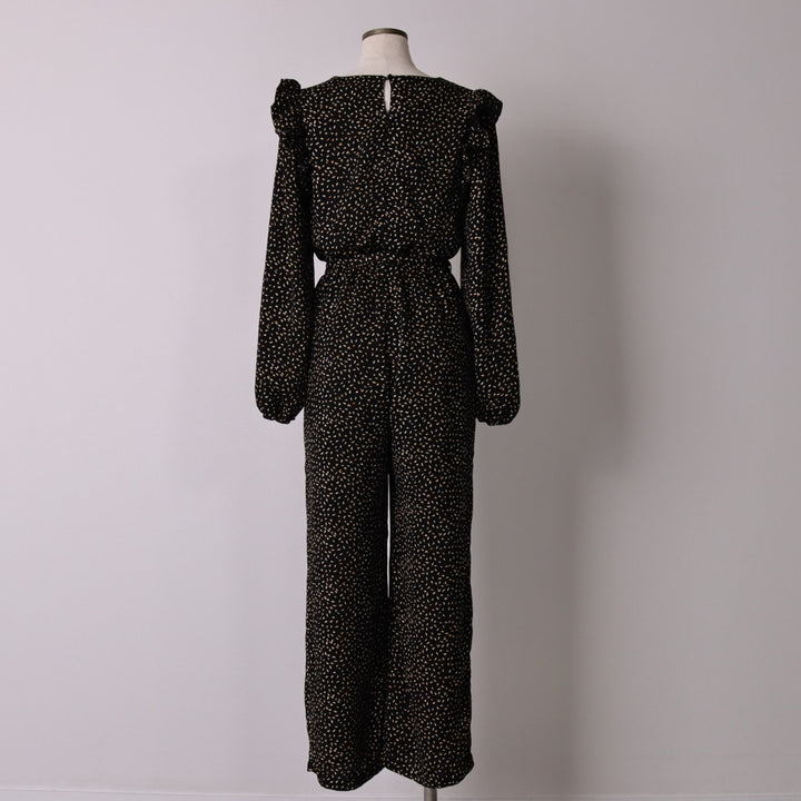 DOWNEAST All-Over Print Ruffle V-Neck Long Sleeve Jumpsuit, Women's Size XS unclear black type Vintage Second Hand