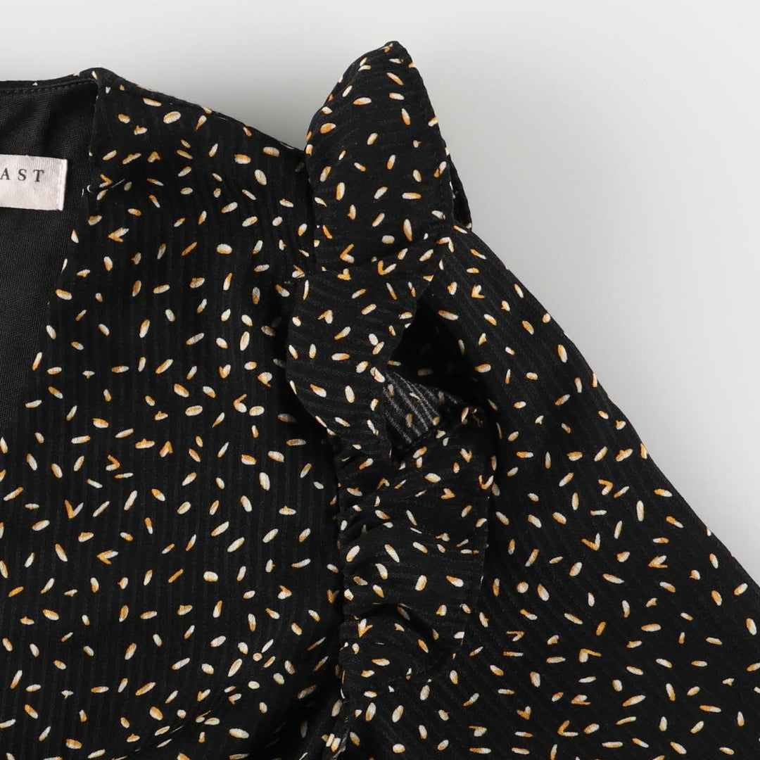 DOWNEAST All-Over Print Ruffle V-Neck Long Sleeve Jumpsuit, Women's Size XS unclear black type Vintage Second Hand