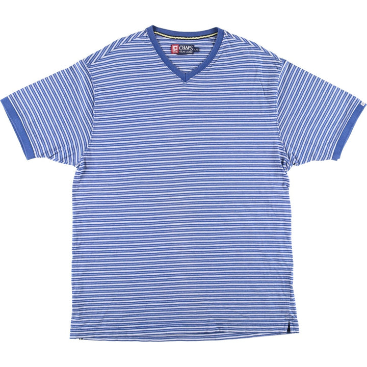 Vintage 90'S Ralph Lauren Chaps striped short-sleeved V-neck T-shirt, size L, men's size L cotton Blue type light blue Vintage Second Hand