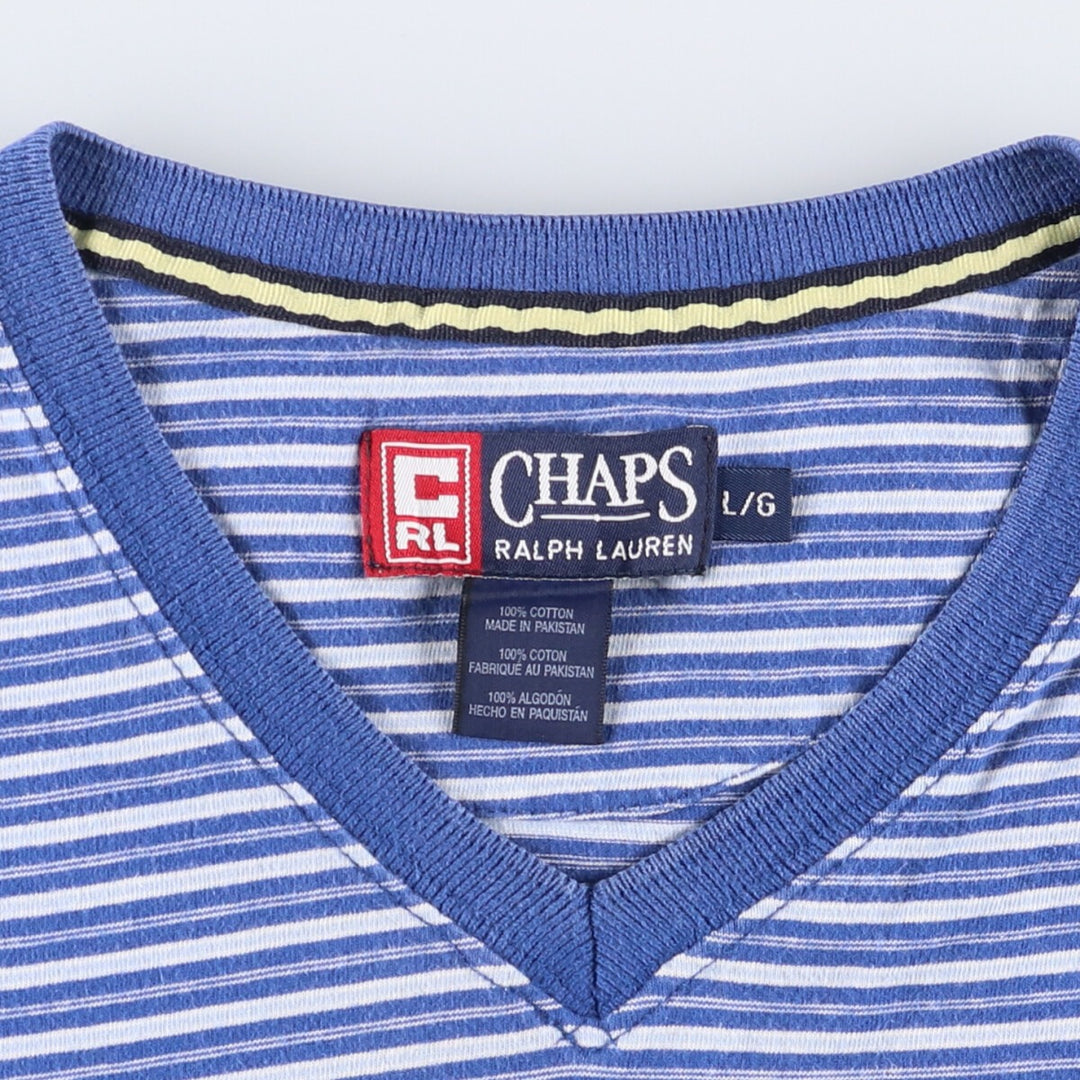 Vintage 90'S Ralph Lauren Chaps striped short-sleeved V-neck T-shirt, size L, men's size L cotton Blue type light blue Vintage Second Hand