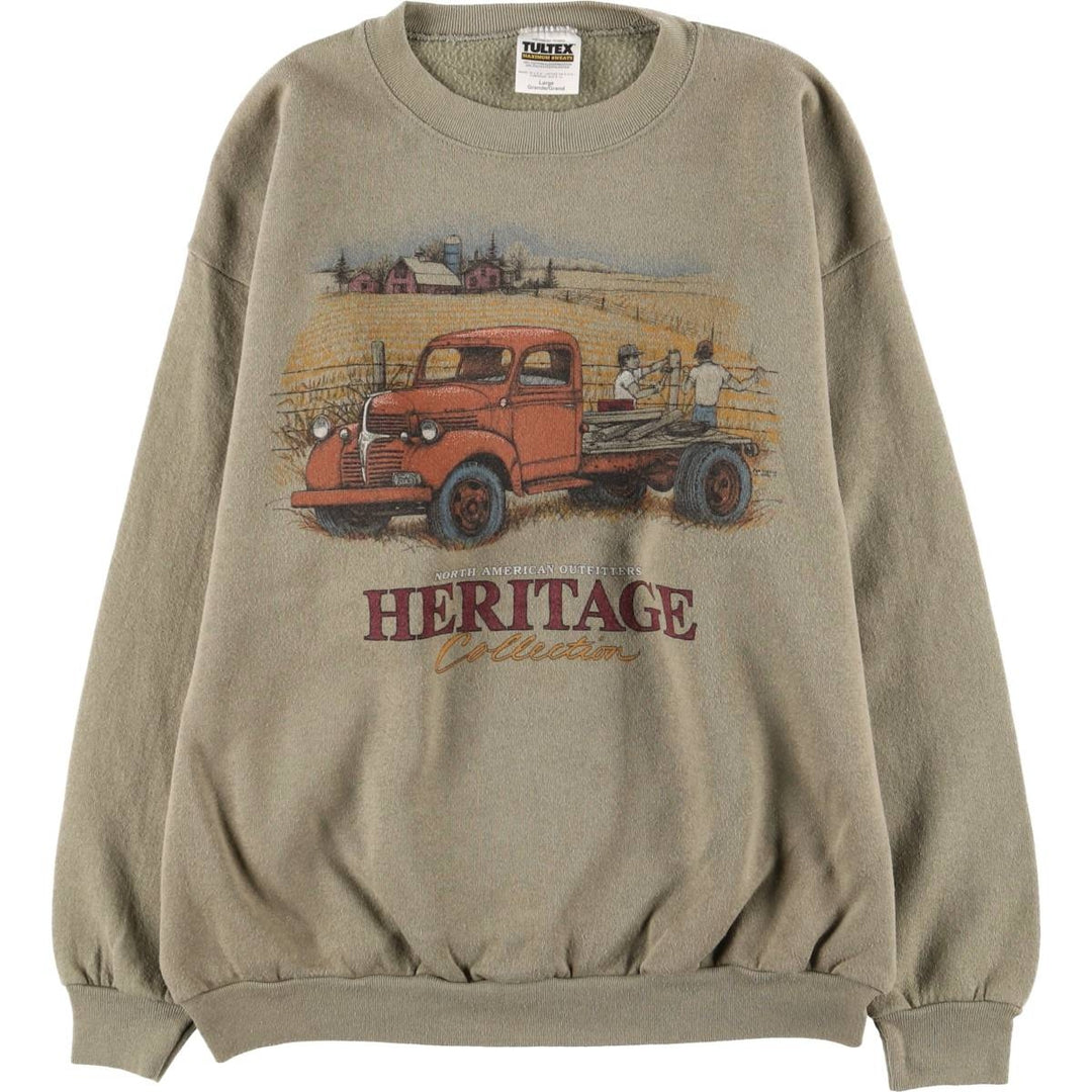 TULTEX Printed Sweatshirt, Made in USA, Men's Size L cotton Khaki type Vintage Second Hand