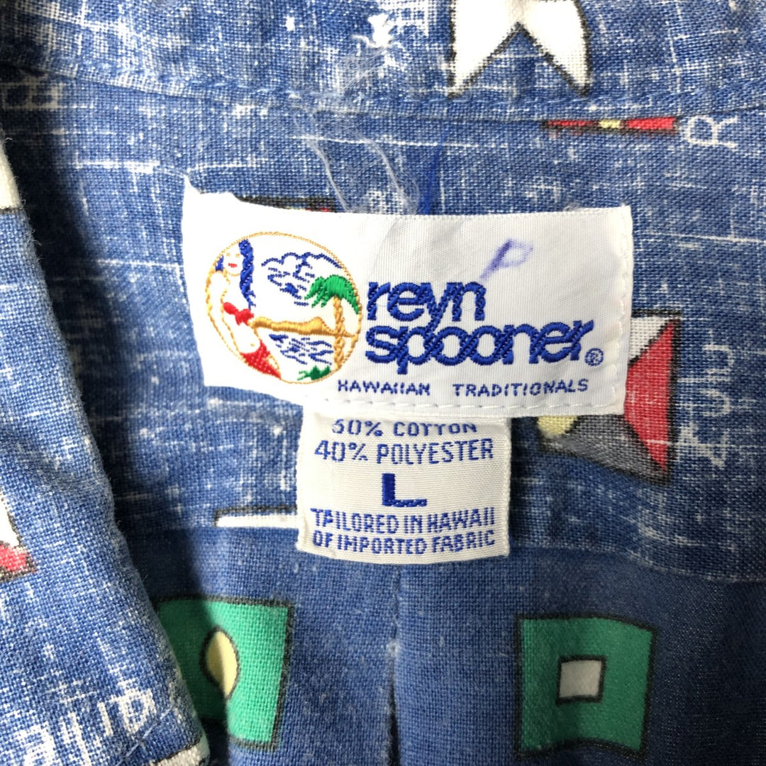 90'S Reyn Spooner Swimsuit Tag Print Pullover Button-Down Hawaiian Aloha Shirt, Men's Size L cotton blue type Vintage Second Hand