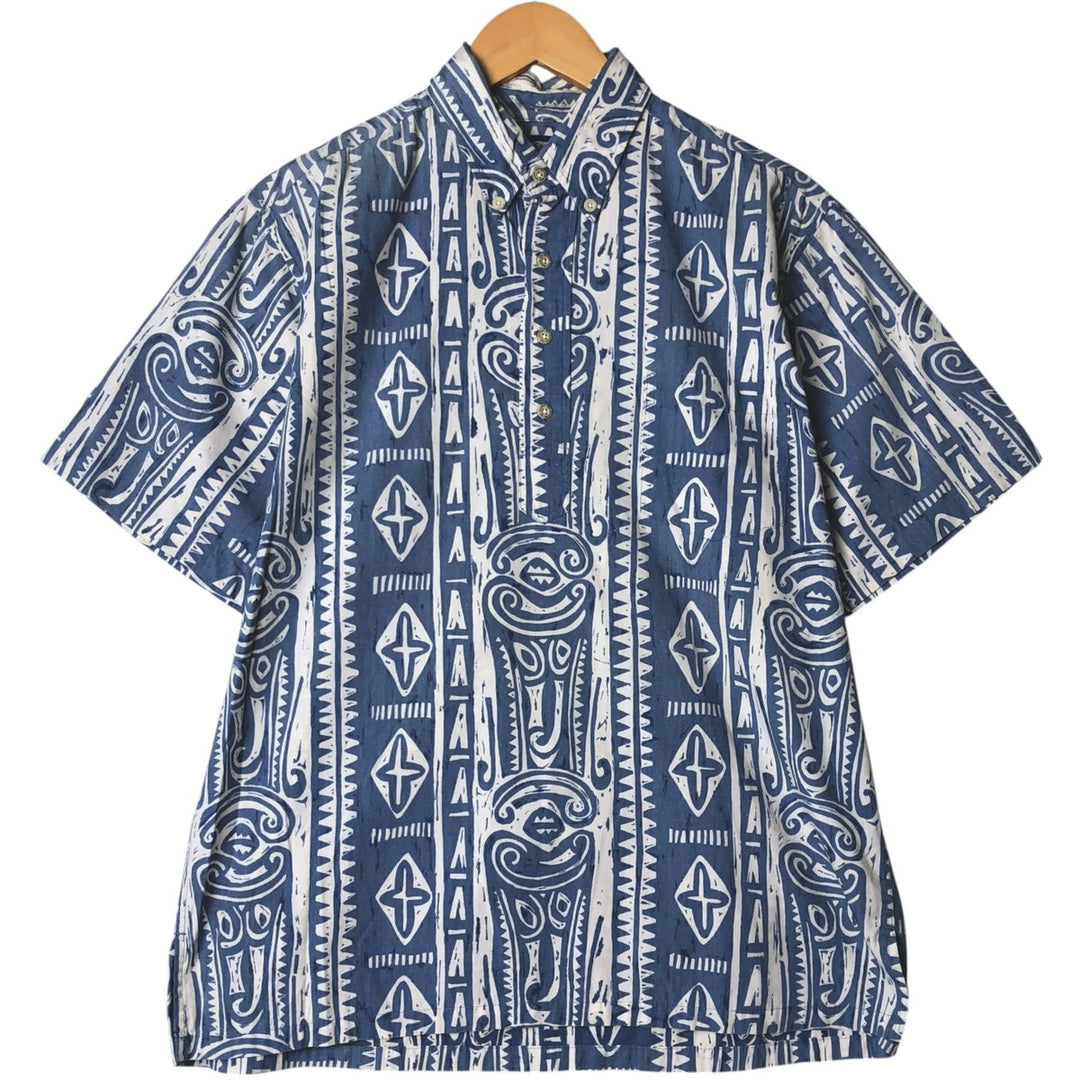 90'S Reyn Spooner all-over border pattern button-down Hawaiian aloha shirt, men's size L, boxy shirt cotton blue type Vintage Second Hand