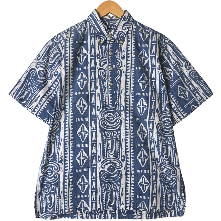 90'S Reyn Spooner all-over border pattern button-down Hawaiian aloha shirt, men's size L, boxy shirt cotton blue type Vintage Second Hand