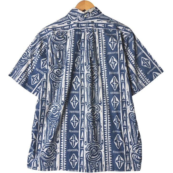 90'S Reyn Spooner all-over border pattern button-down Hawaiian aloha shirt, men's size L, boxy shirt cotton blue type Vintage Second Hand