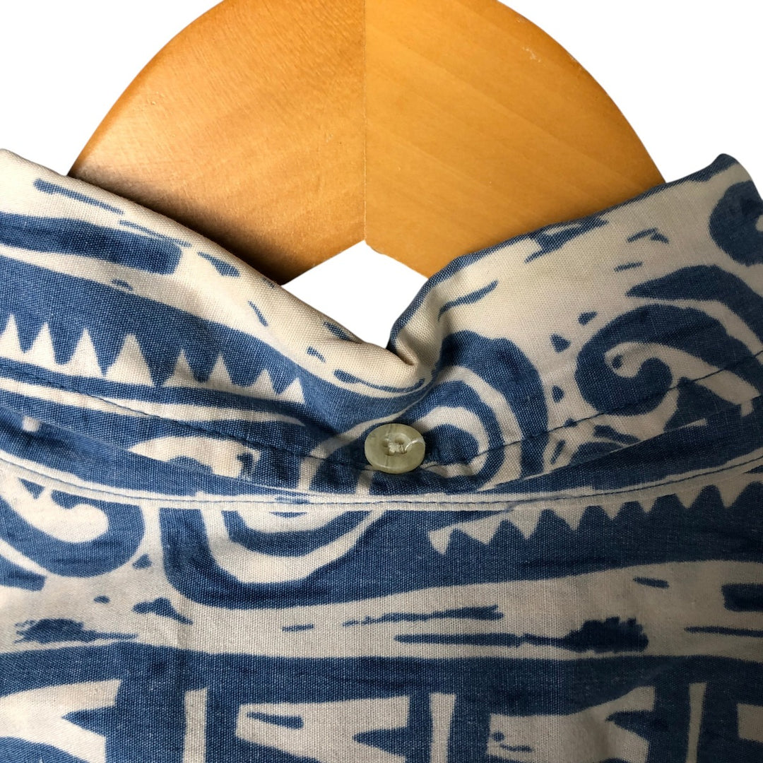 90'S Reyn Spooner all-over border pattern button-down Hawaiian aloha shirt, men's size L, boxy shirt cotton blue type Vintage Second Hand