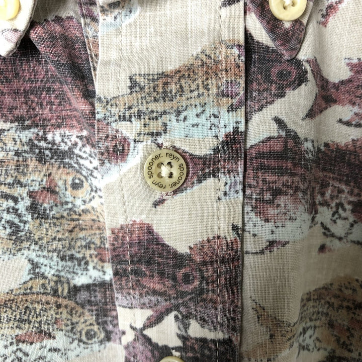 Reyn Spooner Naoki Hayashi Fish Print Pullover Button-Down Hawaiian Aloha Shirt, Men's Size L cotton brown type Vintage Second Hand