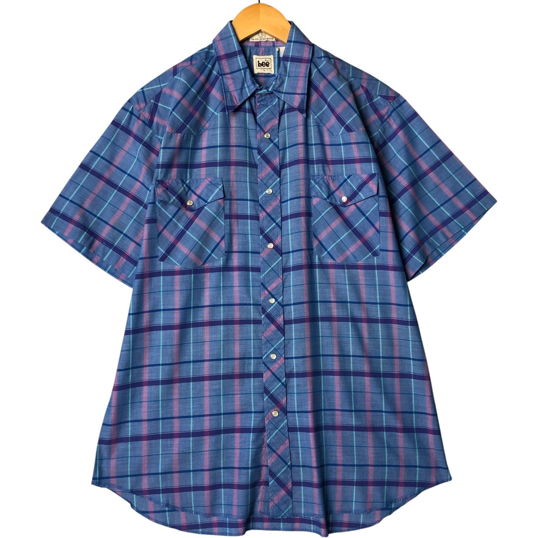 Vintage 1980'S Lee Check Pattern Short Sleeve Western Shirt, Men's Size L polyester Blue type light blue Vintage Second Hand