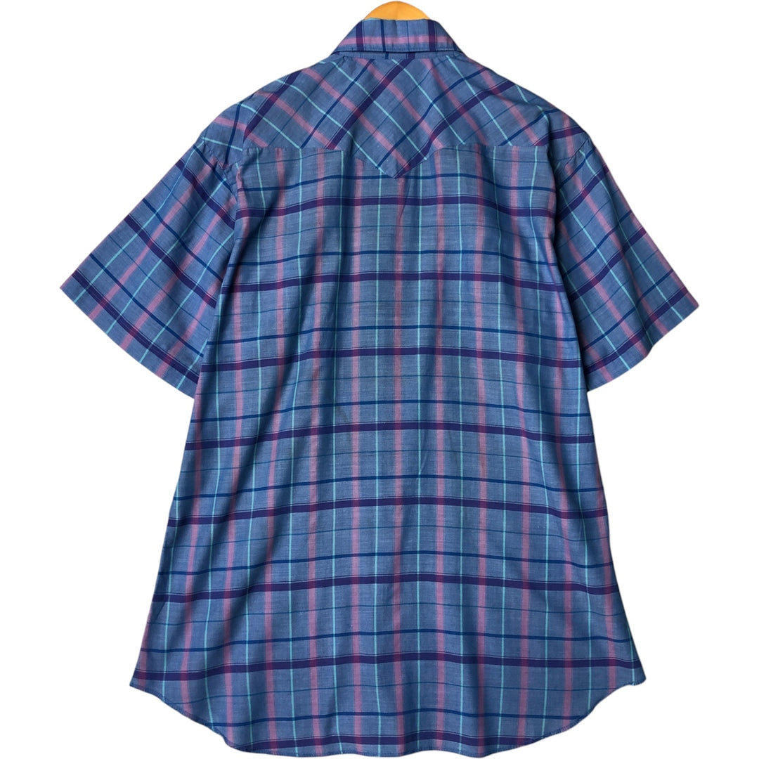 Vintage 1980'S Lee Check Pattern Short Sleeve Western Shirt, Men's Size L polyester Blue type light blue Vintage Second Hand