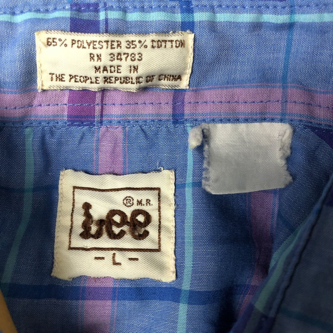 Vintage 1980'S Lee Check Pattern Short Sleeve Western Shirt, Men's Size L polyester Blue type light blue Vintage Second Hand
