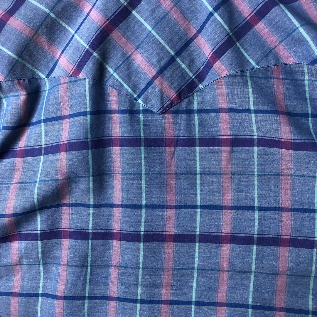 Vintage 1980'S Lee Check Pattern Short Sleeve Western Shirt, Men's Size L polyester Blue type light blue Vintage Second Hand