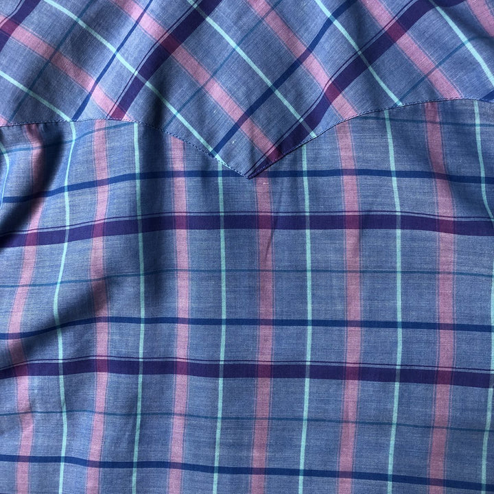 Vintage 1980'S Lee Check Pattern Short Sleeve Western Shirt, Men's Size L polyester Blue type light blue Vintage Second Hand