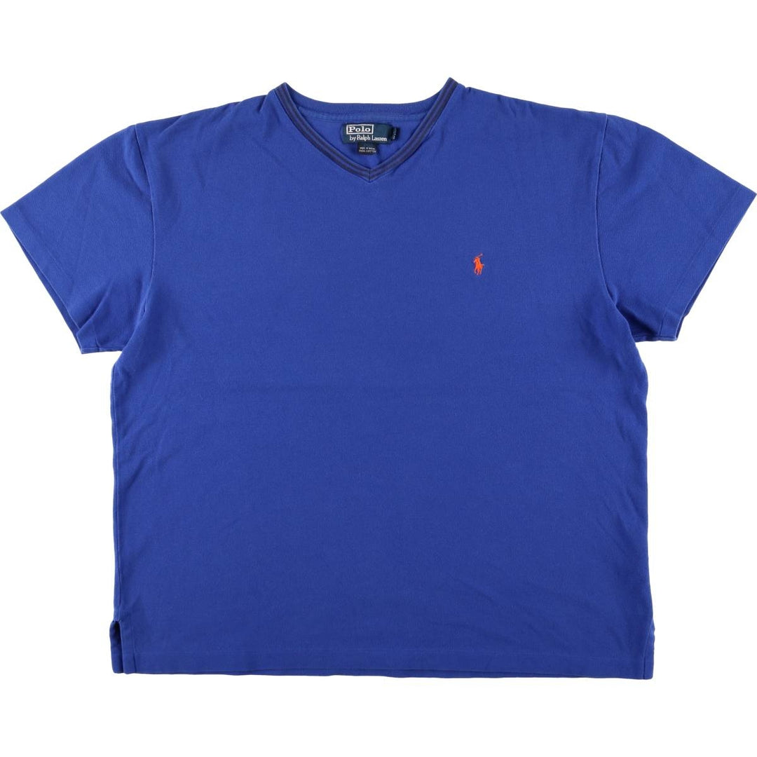 Ralph Lauren POLO by Ralph Lauren V-neck pique short-sleeve one-point logo T-shirt, men's size L cotton blue type Vintage Second Hand