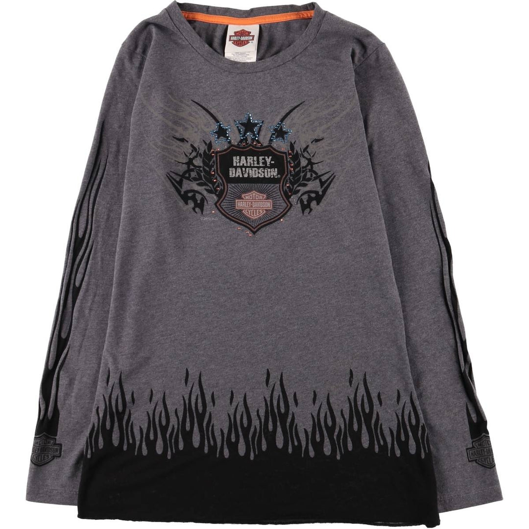 Harley-Davidson Fire Pattern Rhinestone Long Sleeve T-Shirt, Women's Size Medium cotton Charcoal Vintage Second Hand