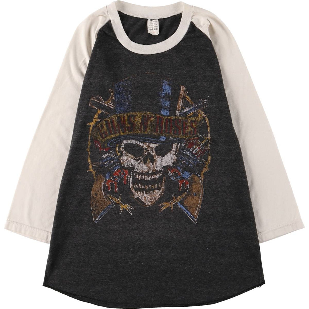 Guns N' Roses Skull Pattern 3/4 Sleeve Raglan Band T-Shirt, Women's Size Medium unclear Charcoal Vintage Second Hand