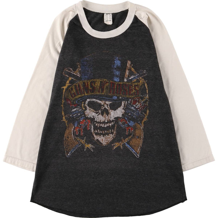 Guns N' Roses Skull Pattern 3/4 Sleeve Raglan Band T-Shirt, Women's Size Medium unclear Charcoal Vintage Second Hand